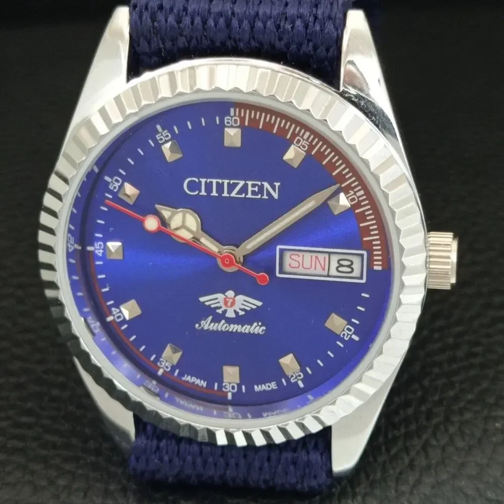 Vintage 1984 Citizen Automatic Mens Silver Watch W/daydate & Blue accents